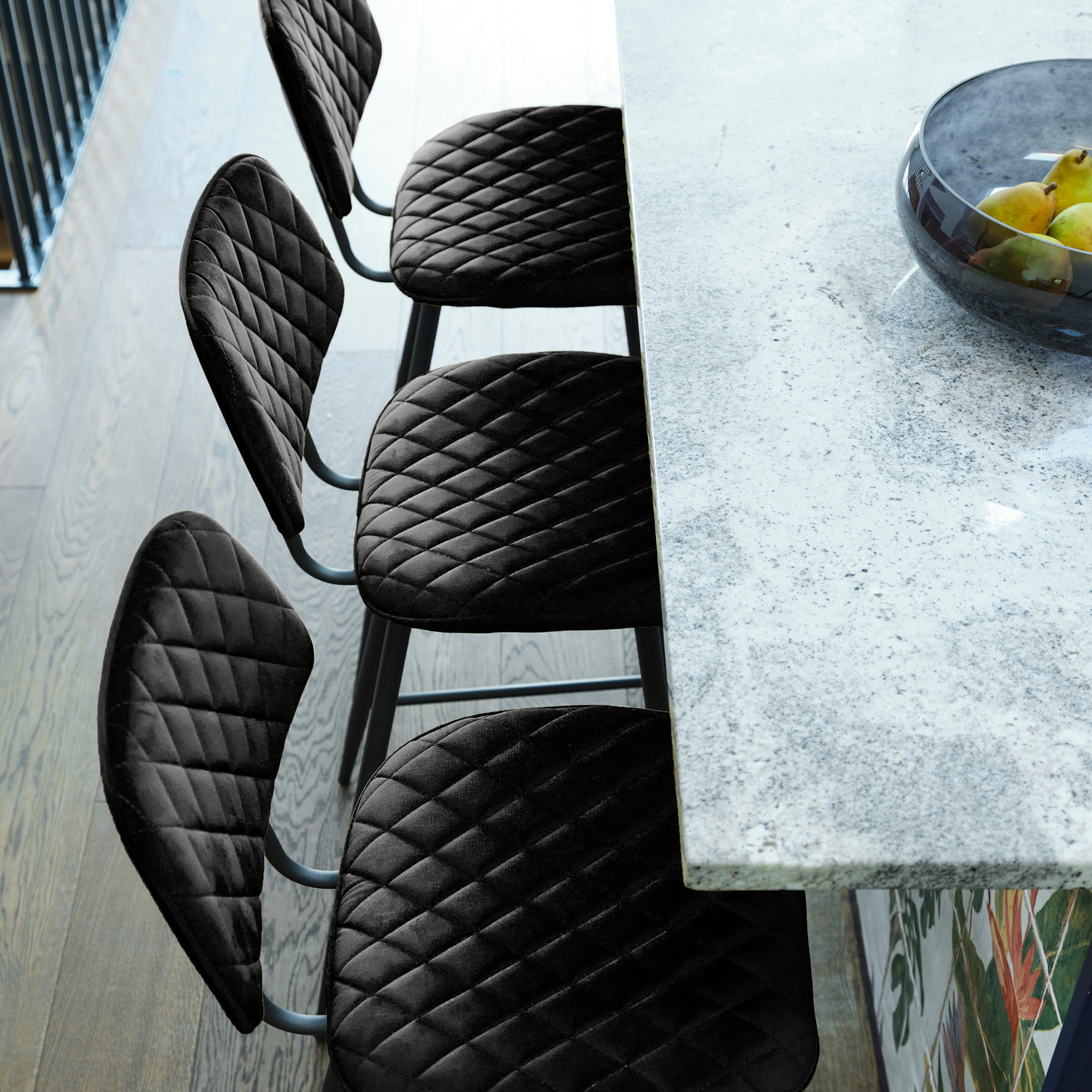 Archer Black Velvet Counter Stool, Black Fabric and Metal Legs