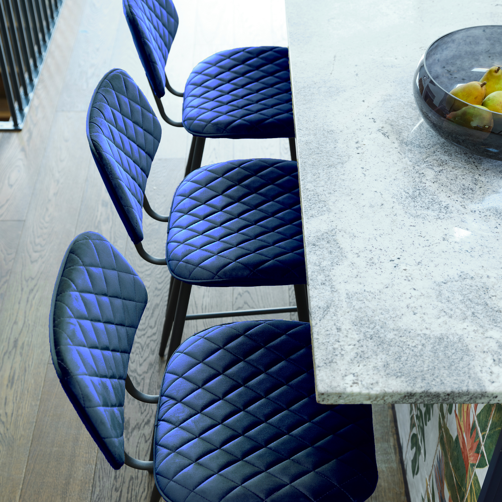 Archer Blue Velvet Counter Stool, Blue Fabric and Metal Legs