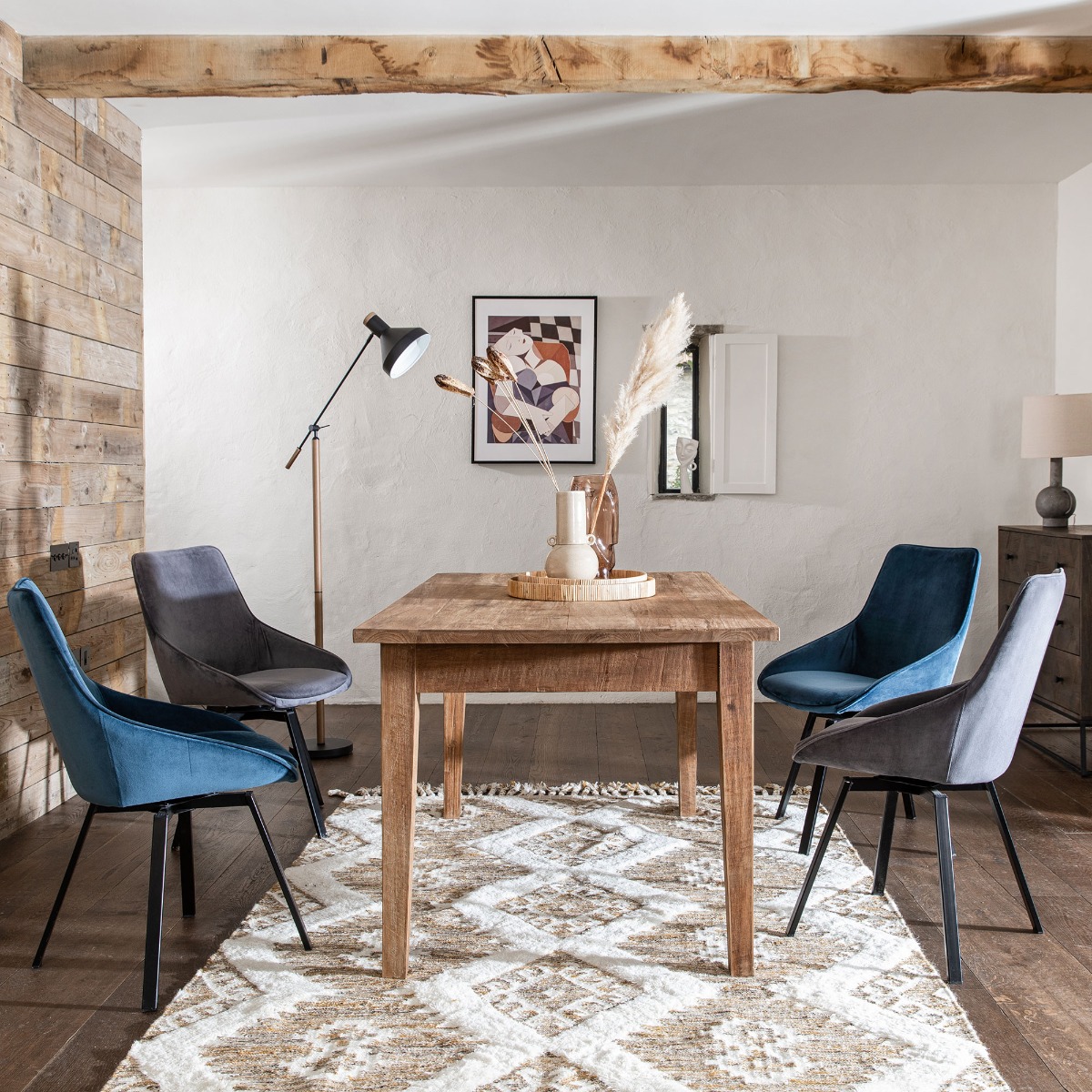 Beckton Blue Velvet Swivel Dining Chair, Blue Finish and Metal Legs