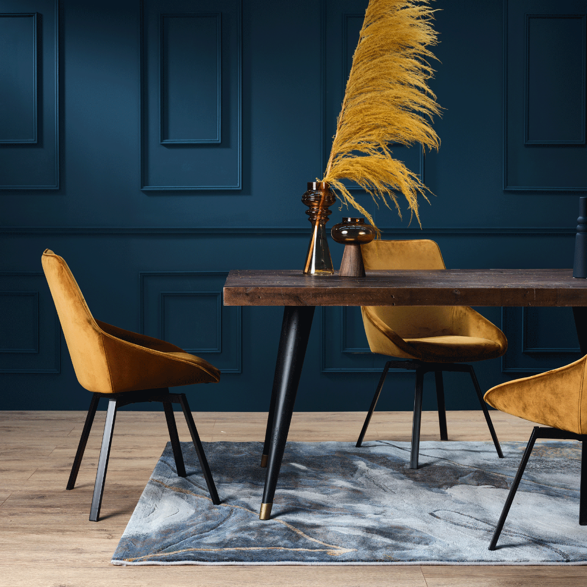 Beckton Yellow Gold Velvet Swivel Dining Chair, Golden Finish and Metal Legs