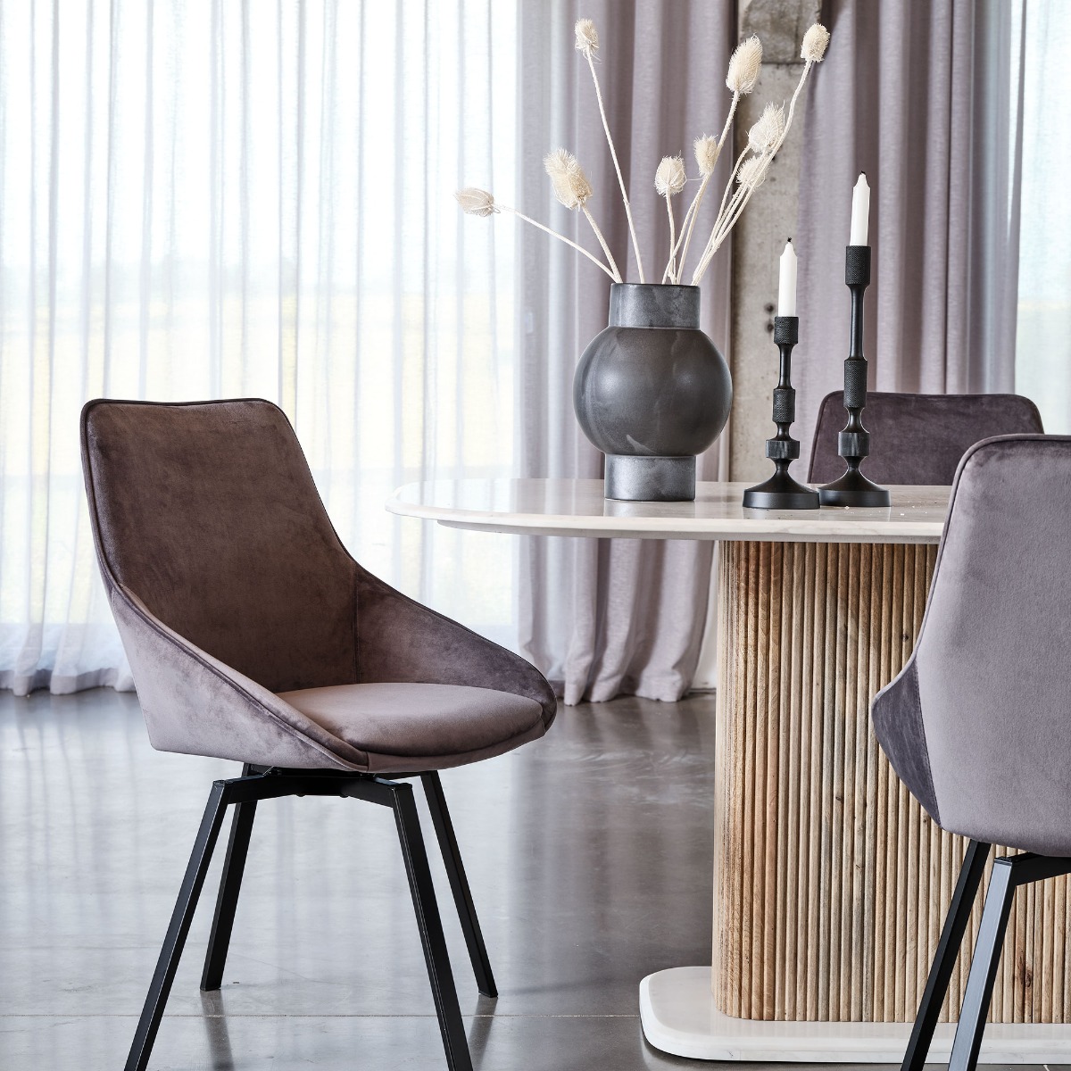 Beckton Grey Velvet Swivel Dining Chair, Grey Finish and Metal Legs