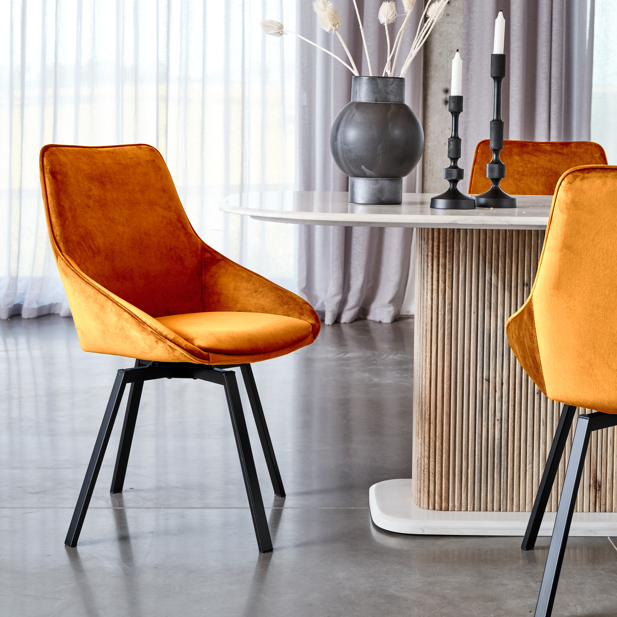 Beckton Orange Velvet Swivel Dining Chair, Orange Finish and Metal Legs