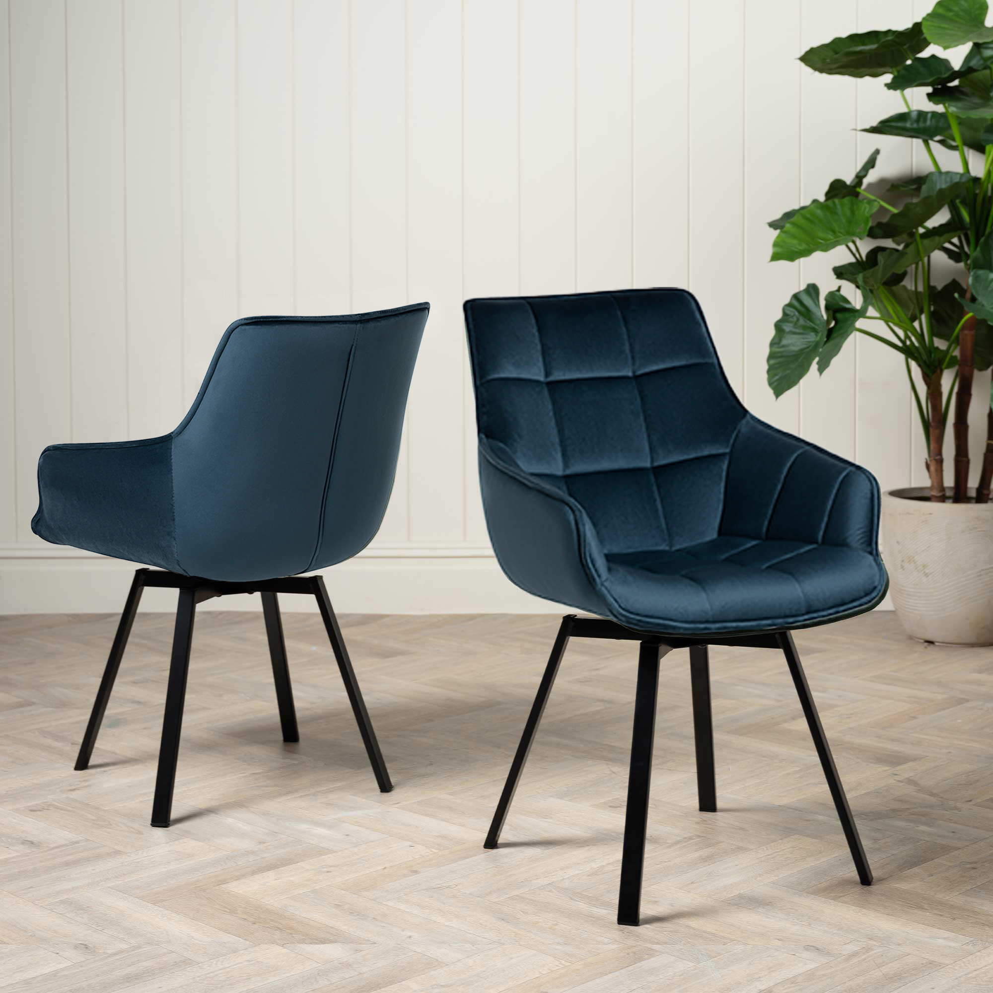 Jasper Blue Velvet Swivel Dining Chair, Metal Legs