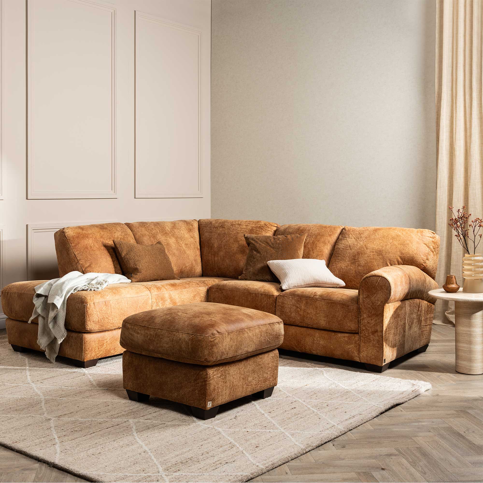Houston Medium Leather Corner Sofa with Left Facing Chaise and Footstool