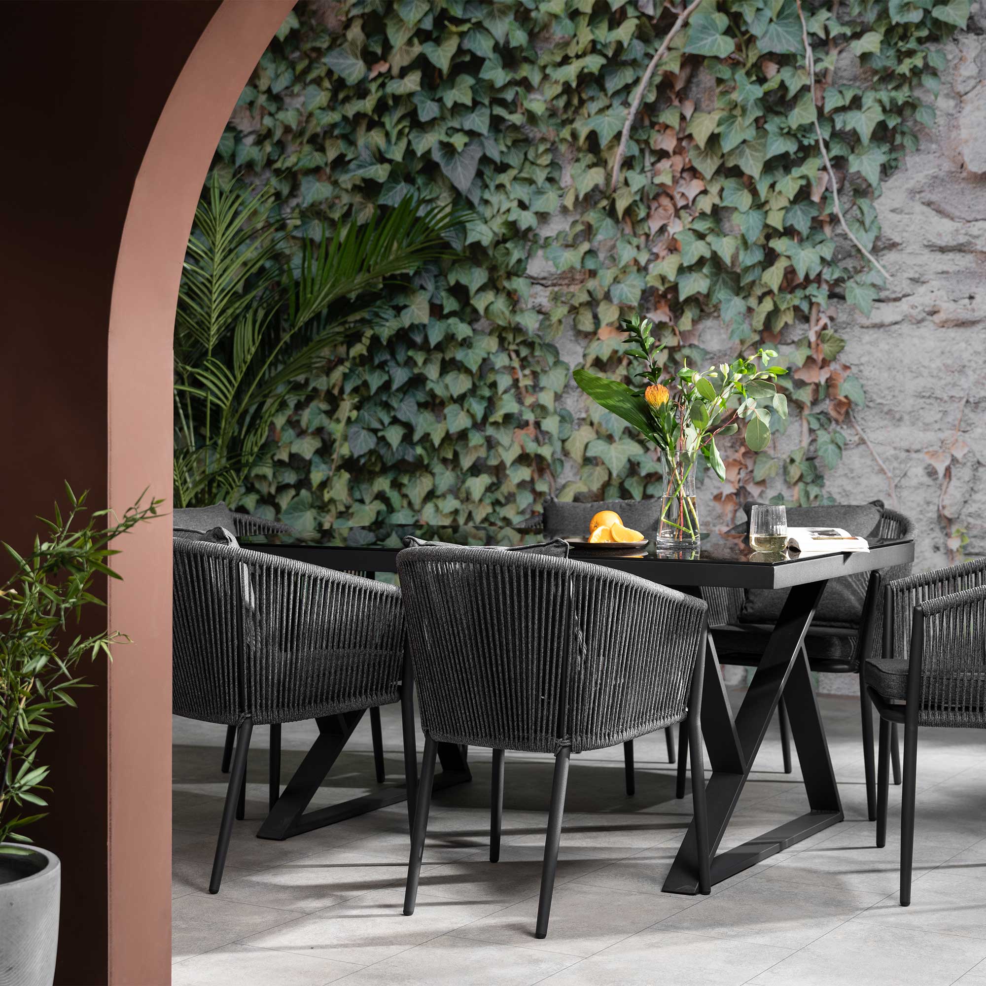 Alvor Dark Grey Aluminium Geometric Table and 6 Rope Garden Chairs