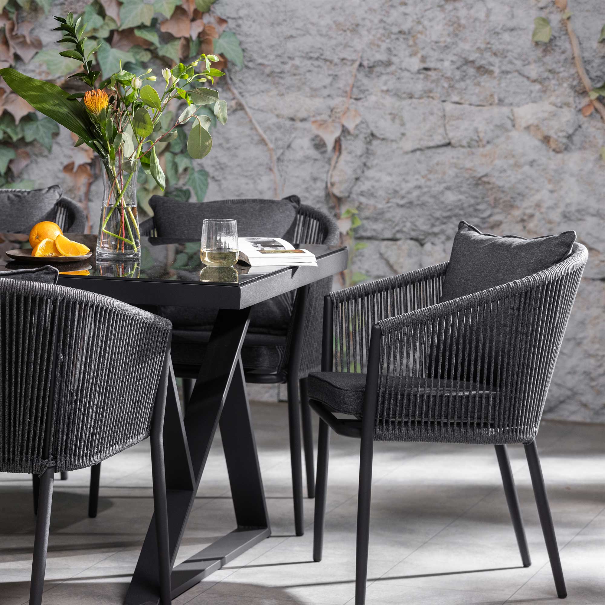 Alvor Dark Grey Aluminium Geometric Table and 6 Rope Garden Chairs
