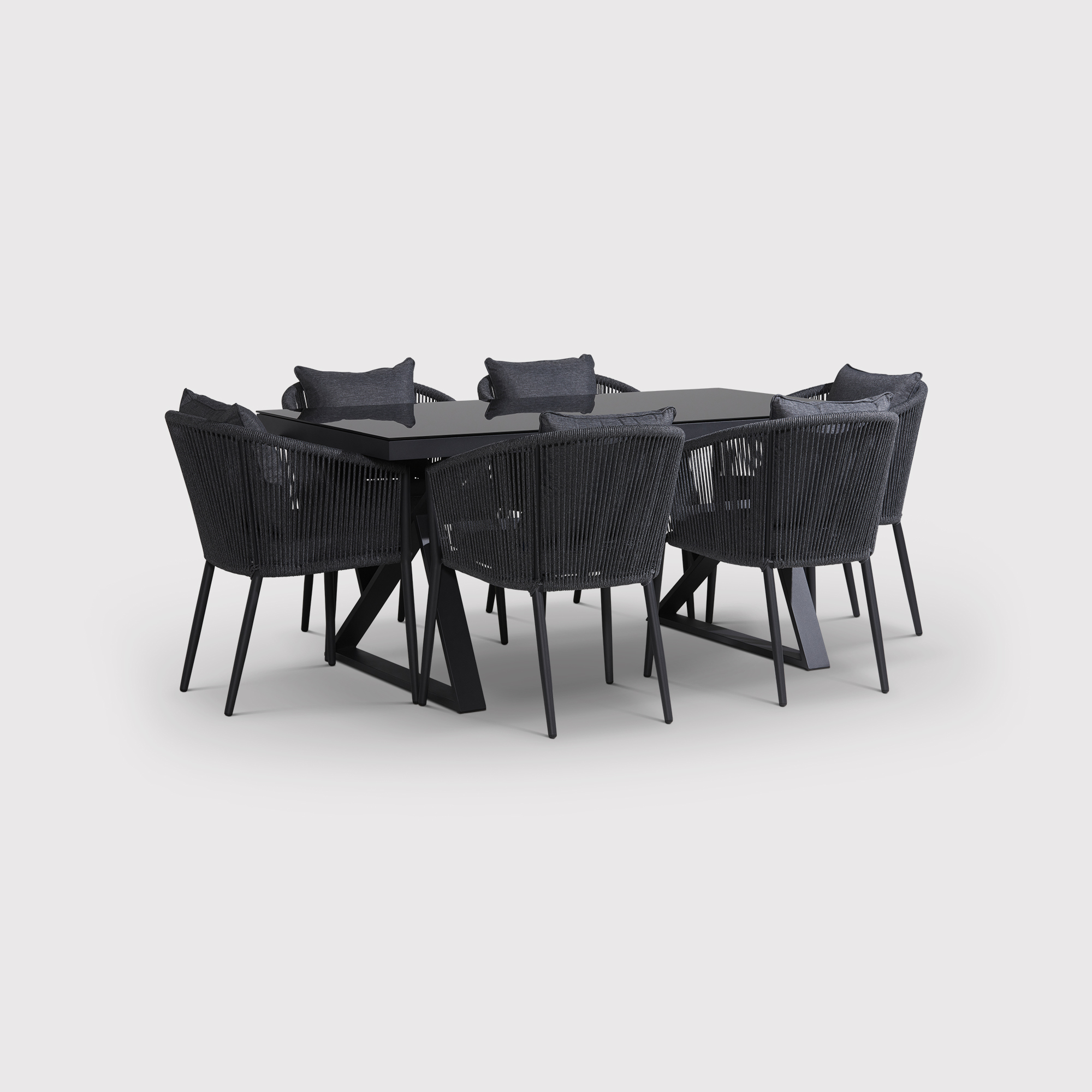 Alvor Dark Grey Aluminium Geometric Table and 6 Rope Garden Chairs