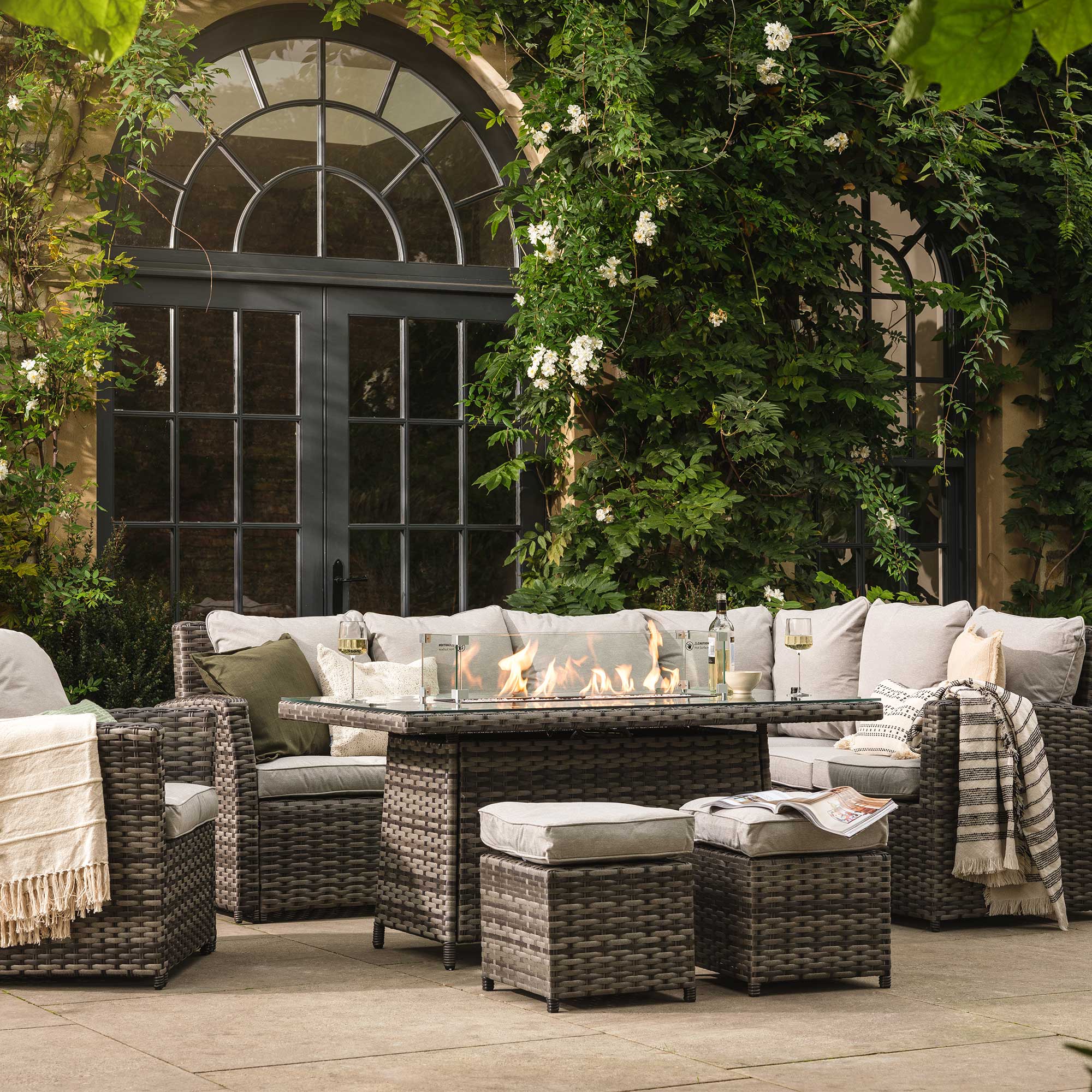 Provence Rattan Corner Sofa With Fire Pit Table and Garden Chairs, Seats 6, Grey Rattan and Grey Fabric