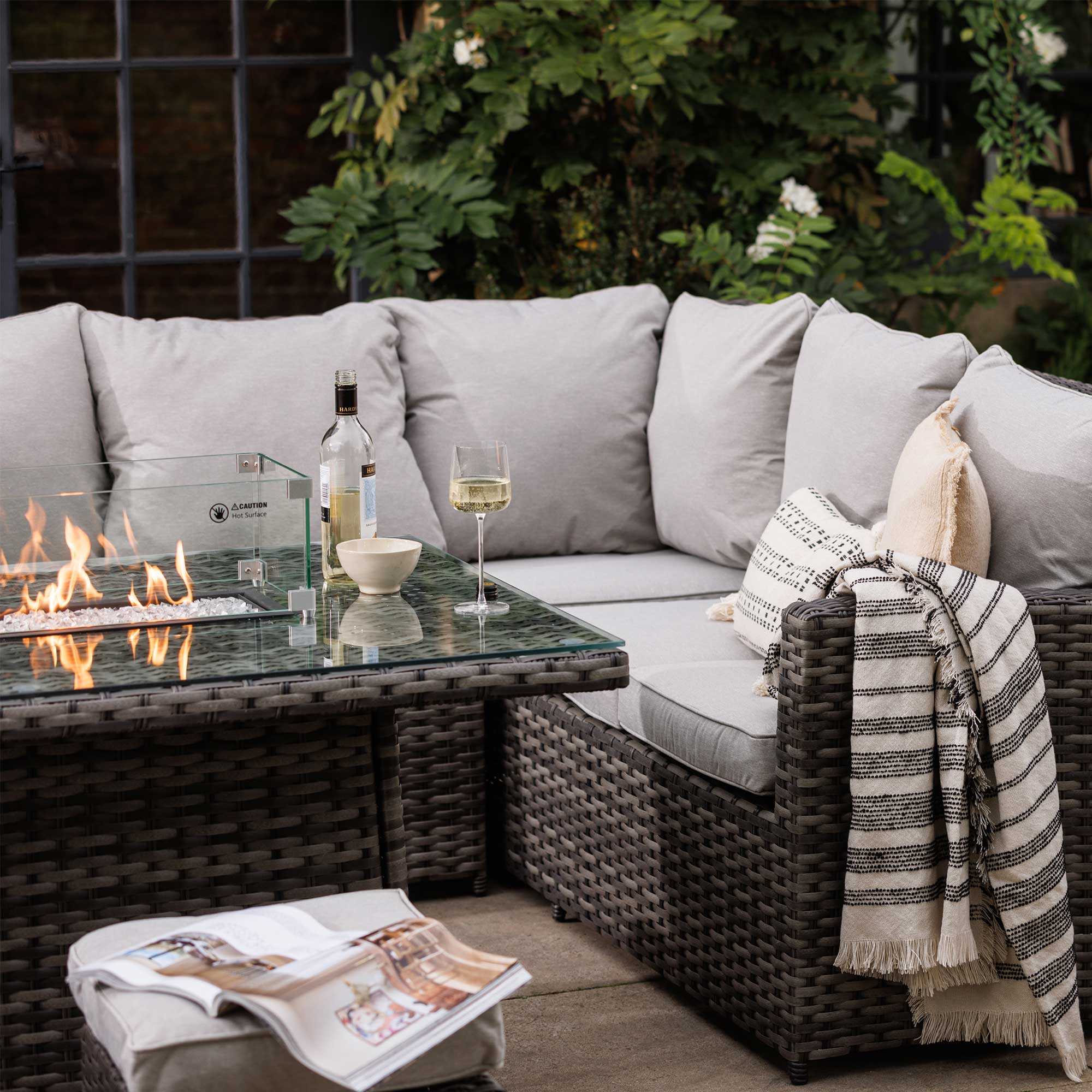 Provence Rattan Corner Sofa With Fire Pit Table and Garden Chairs, Seats 6, Grey Rattan and Grey Fabric