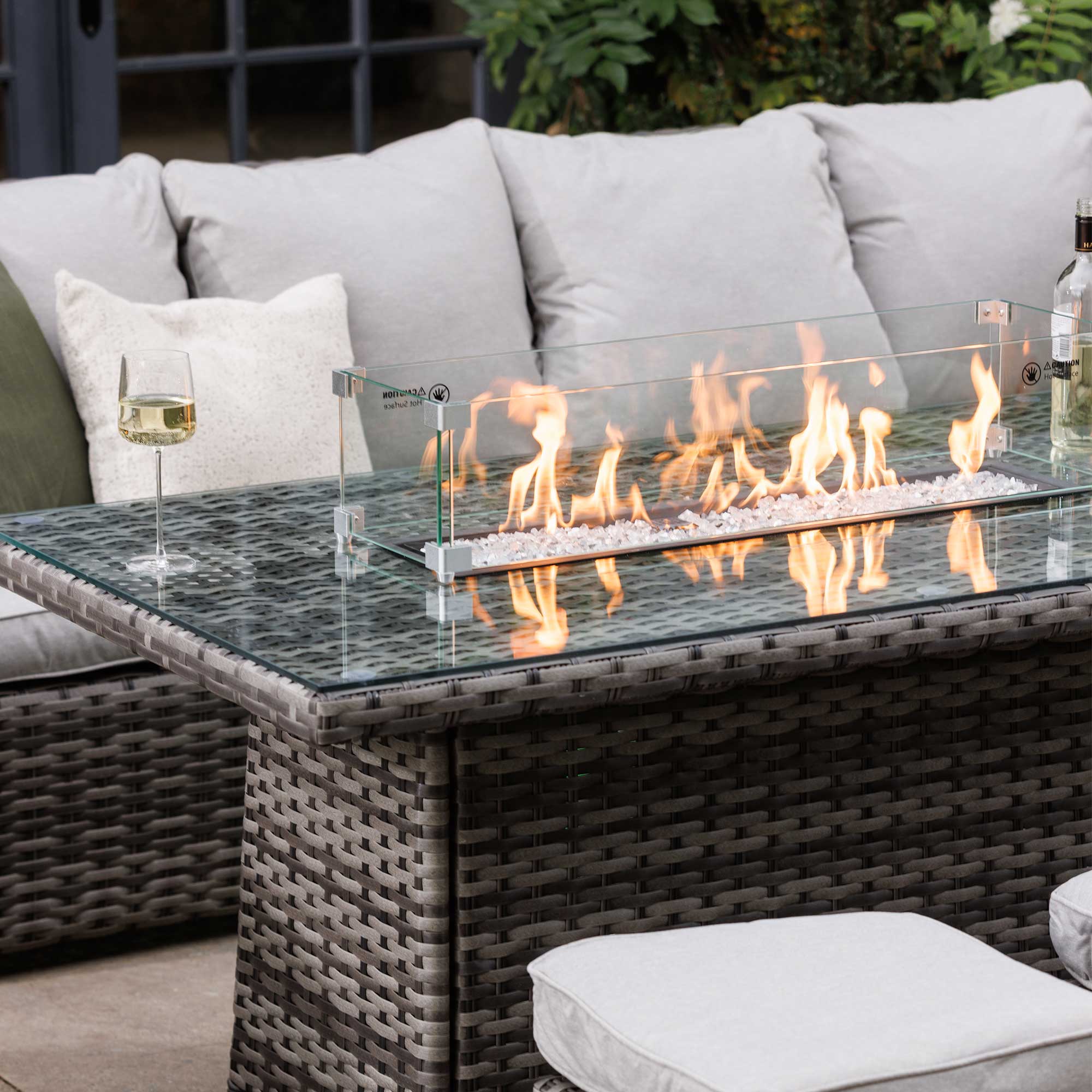 Provence Rattan Corner Sofa With Fire Pit Table and Garden Chairs, Seats 6, Grey Rattan and Grey Fabric