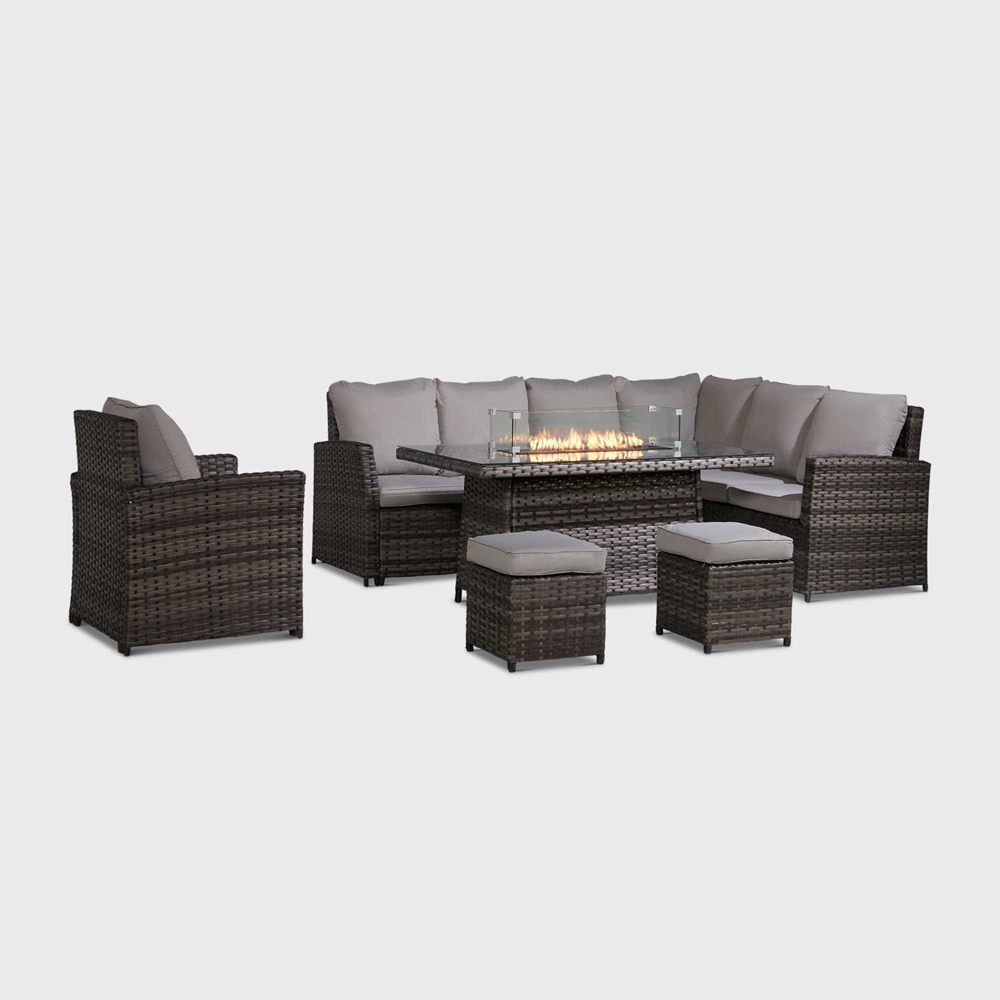 Provence Rattan Corner Sofa With Fire Pit Table and Garden Chairs, Seats 6, Grey Rattan and Grey Fabric