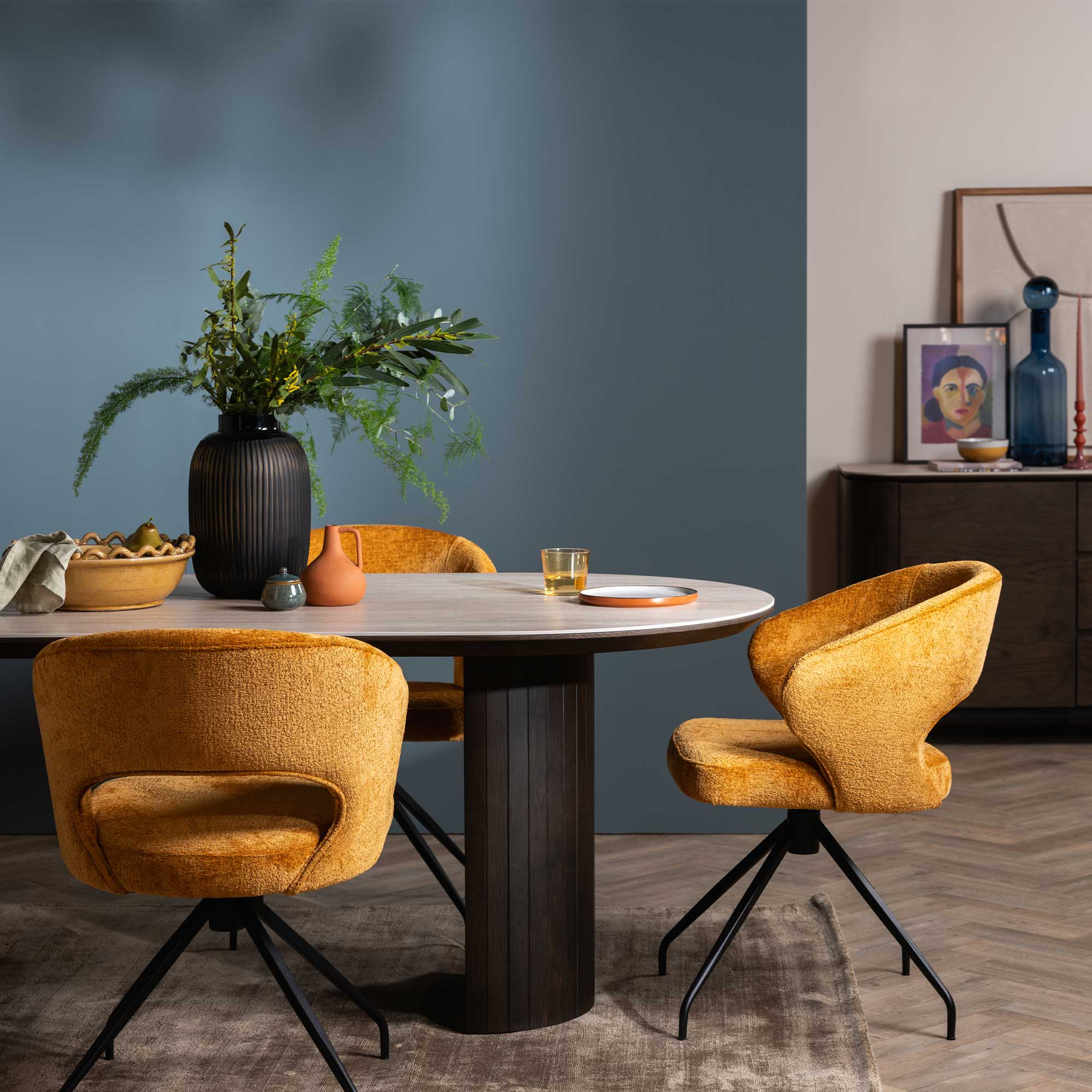 Cagney Golden Curved Open Back Fabric Swivel Chair, Matt Black