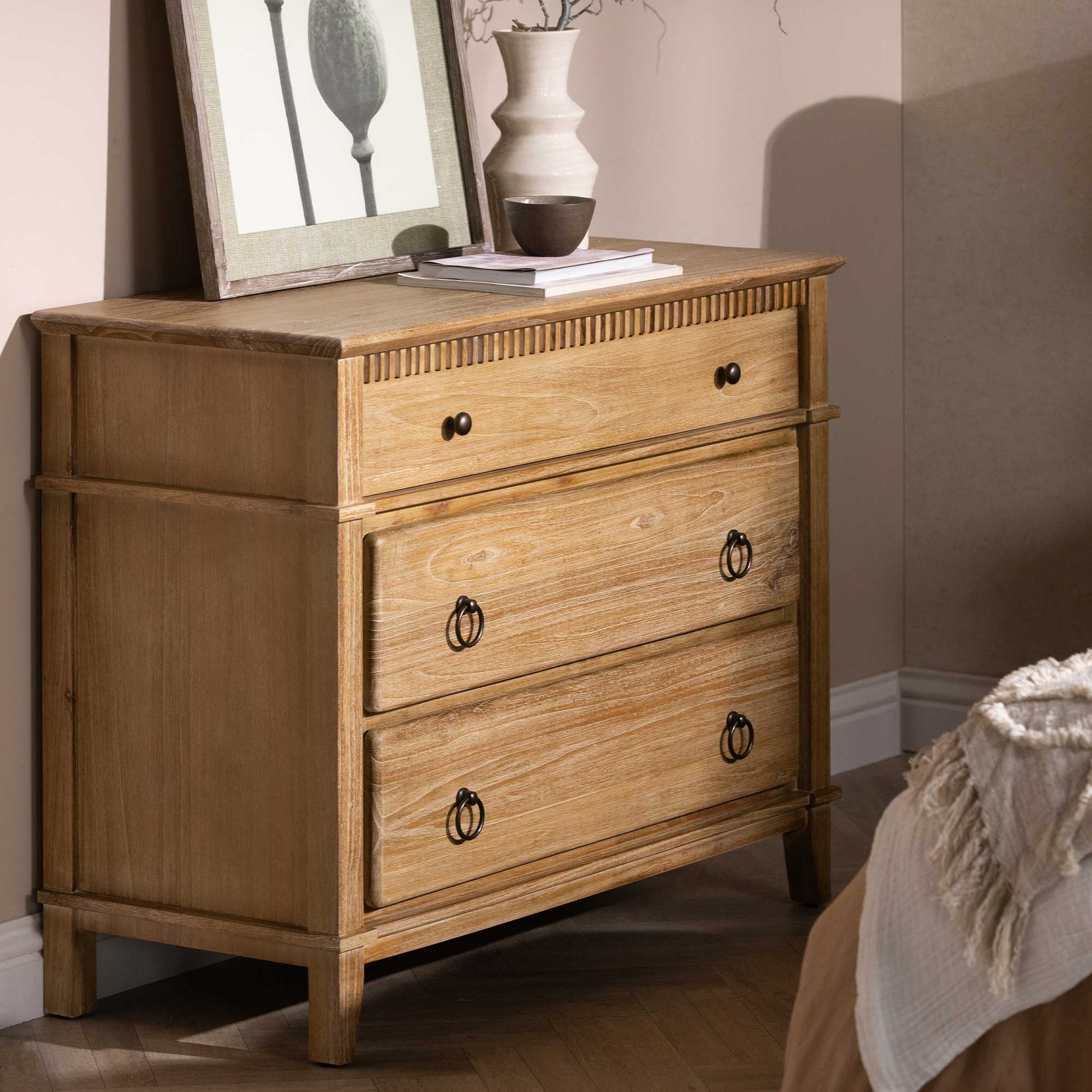 Selene Brown Mindi Wood 3 Drawer Chest, Golden Oak Mindi wood