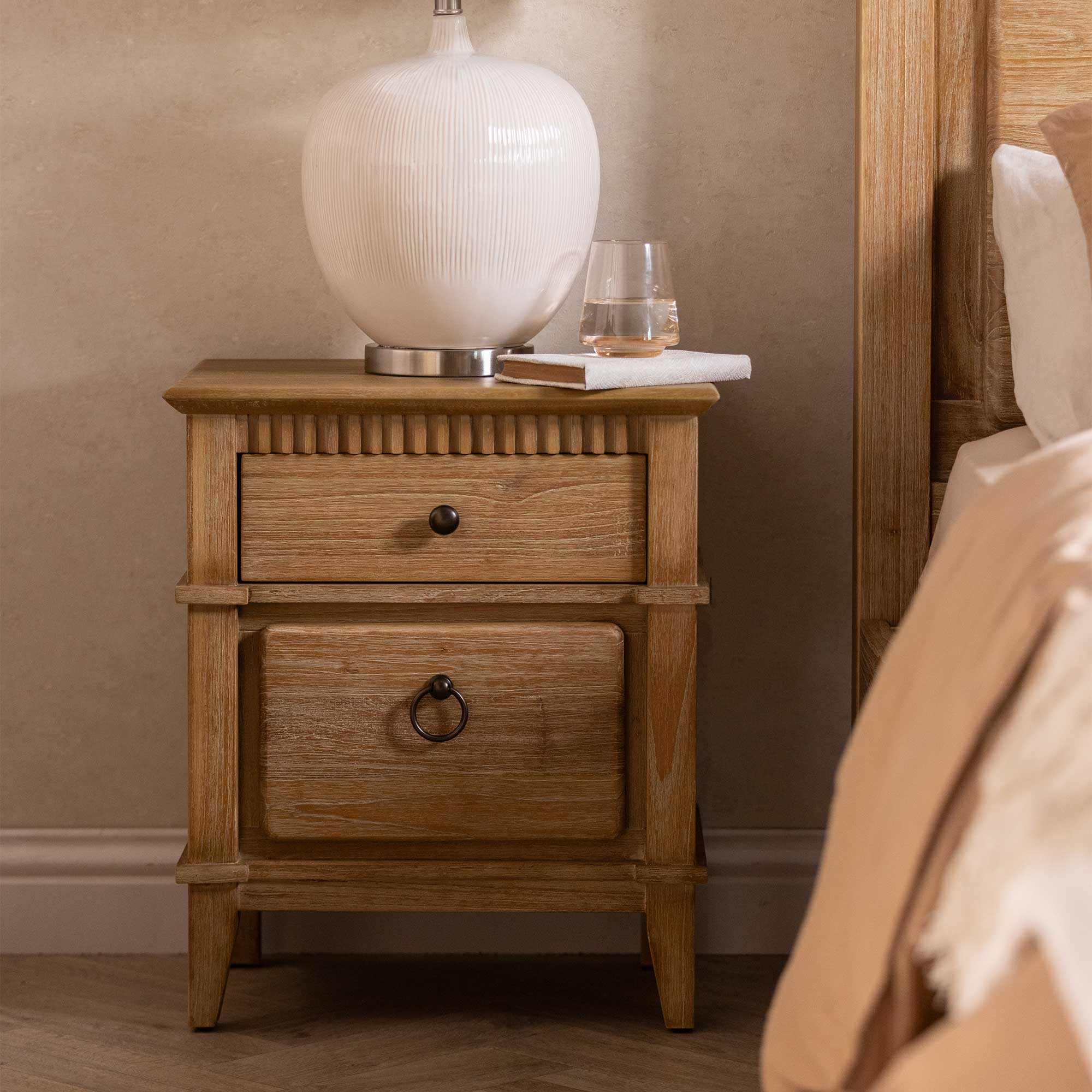 Selene Brown Mindi Wood 2 Drawer Bedside Cabinet, Golden Oak Mindi wood