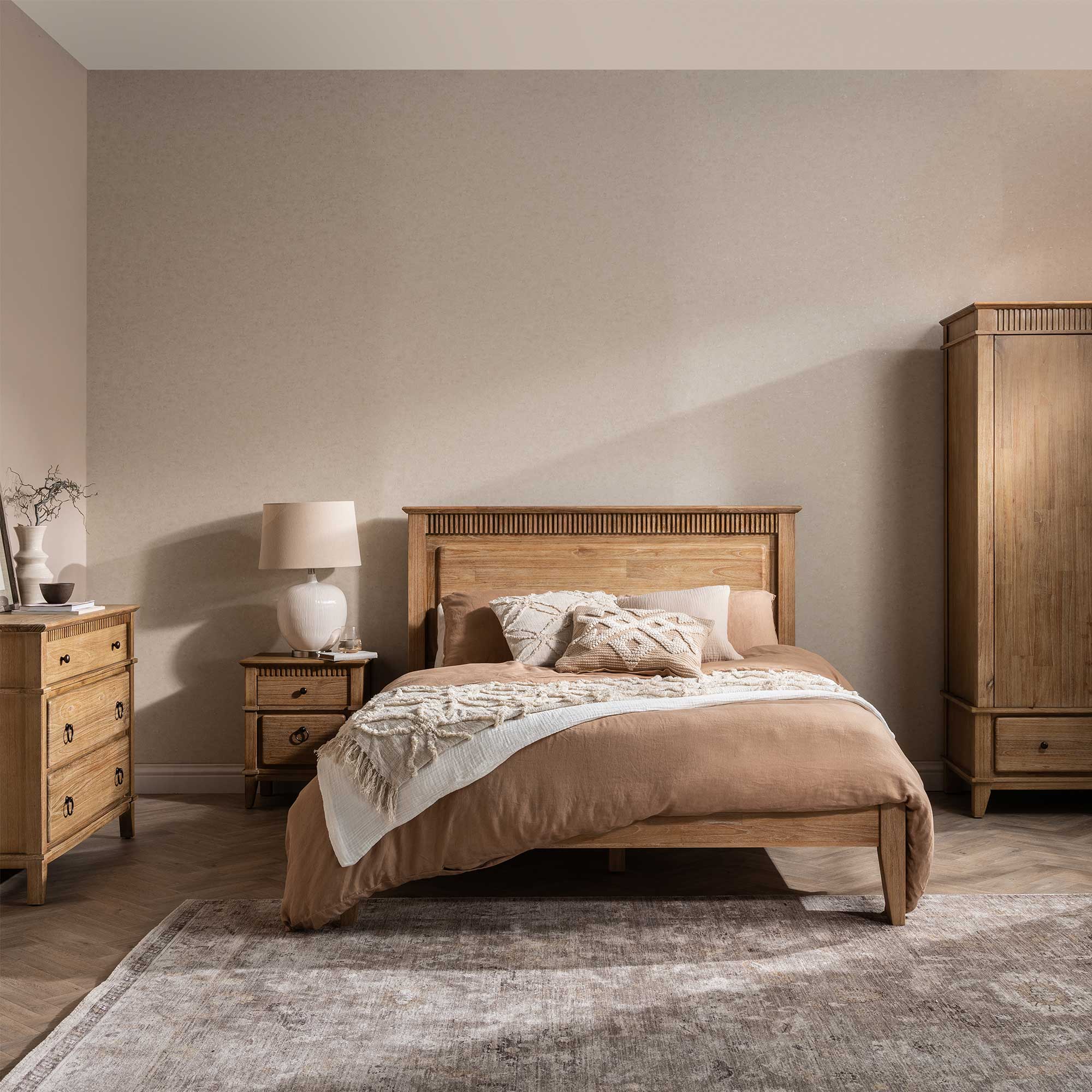 Selene Brown Mindi Wood King Bed Frame, Golden Oak Mindi wood