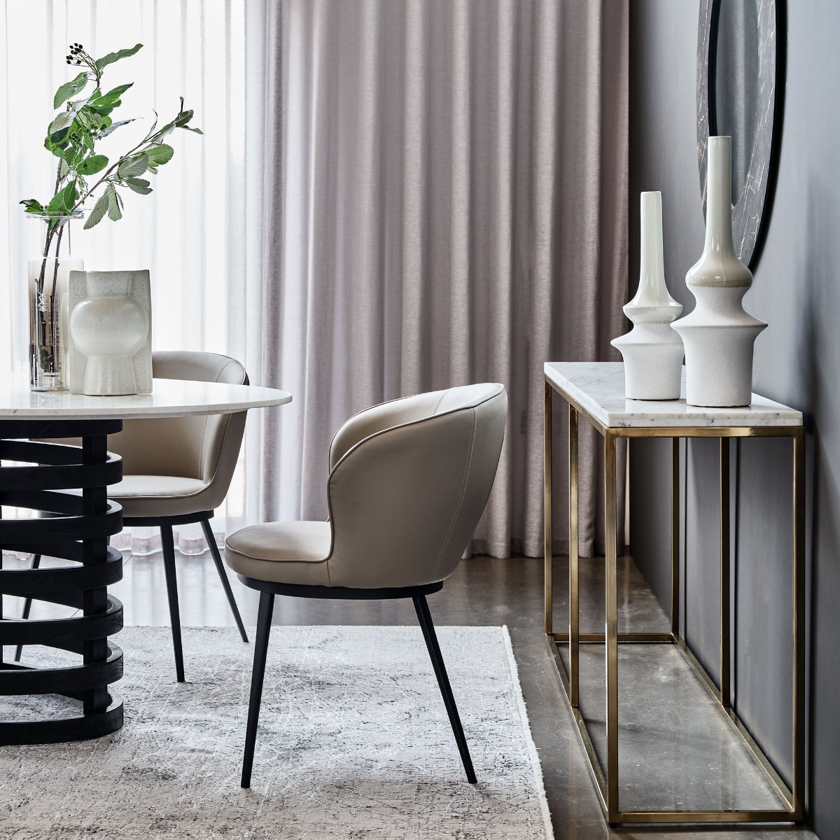 Quebec Taupe Faux Leather Curved Dining Tub Chair, Taupe Faux Leather and Black Legs