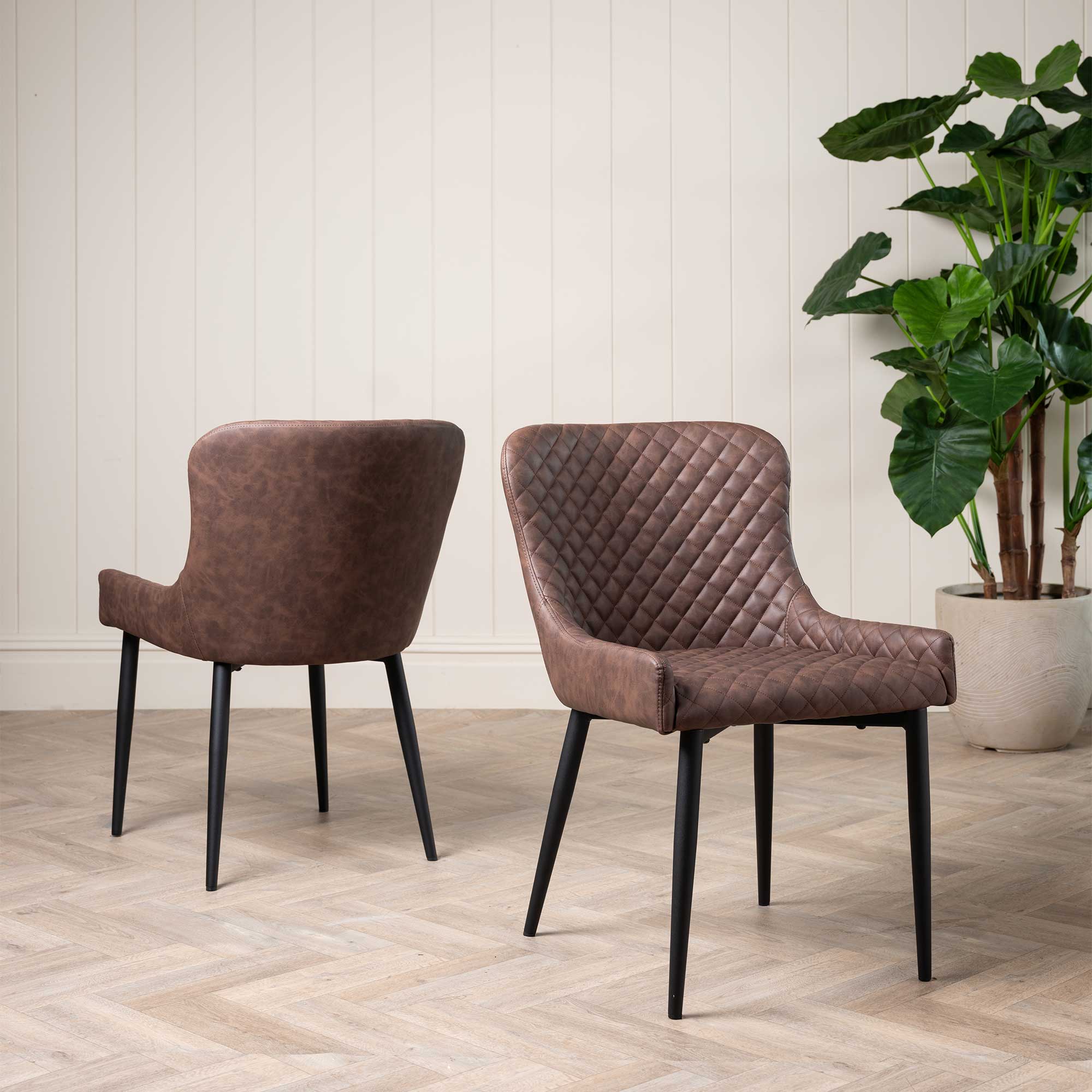 Rivington Brown Faux Leather Quilted Dining Chair, Brown PU and Black Legs