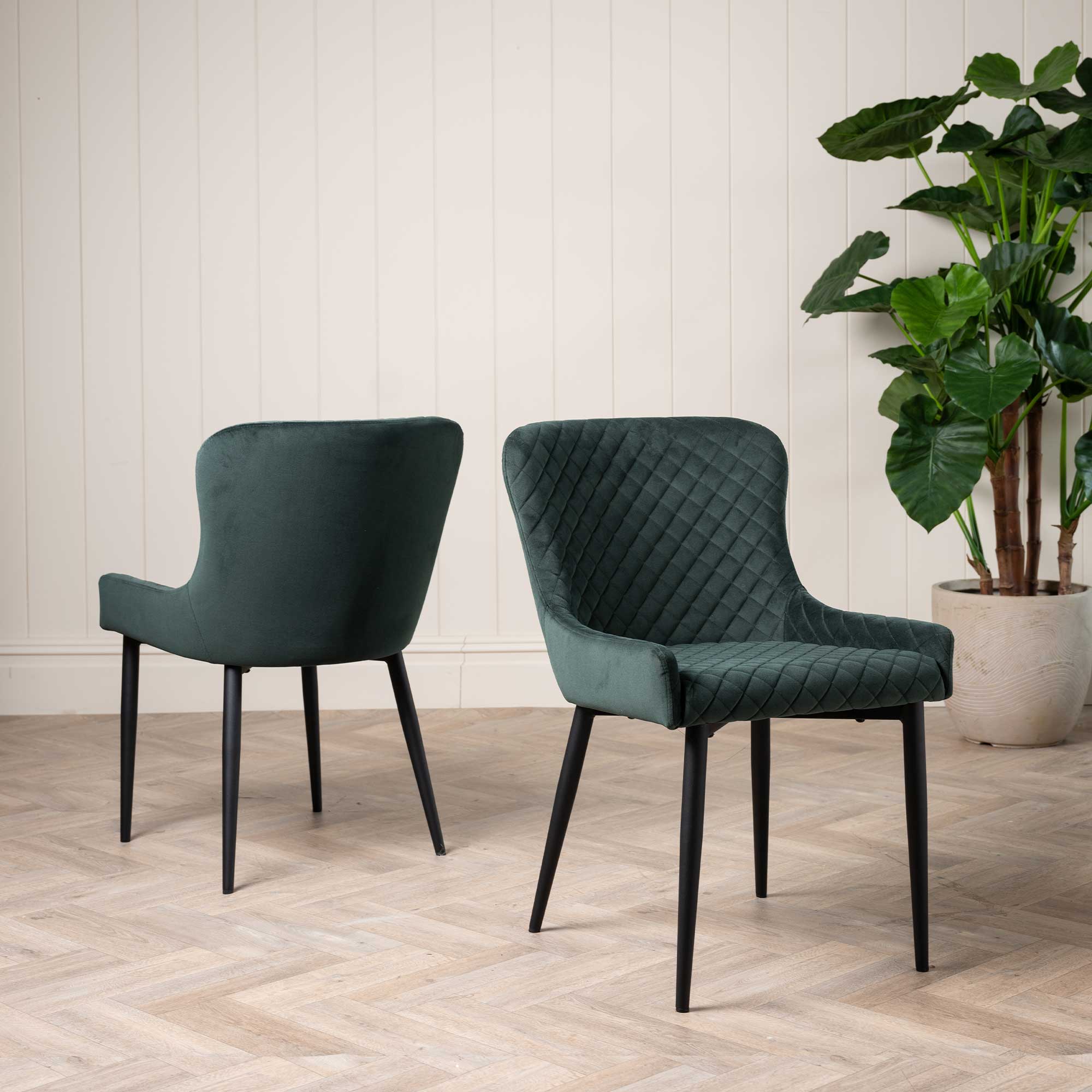 Rivington Green Velvet Quilted Dining Chair, Green Velvet  and Black Legs