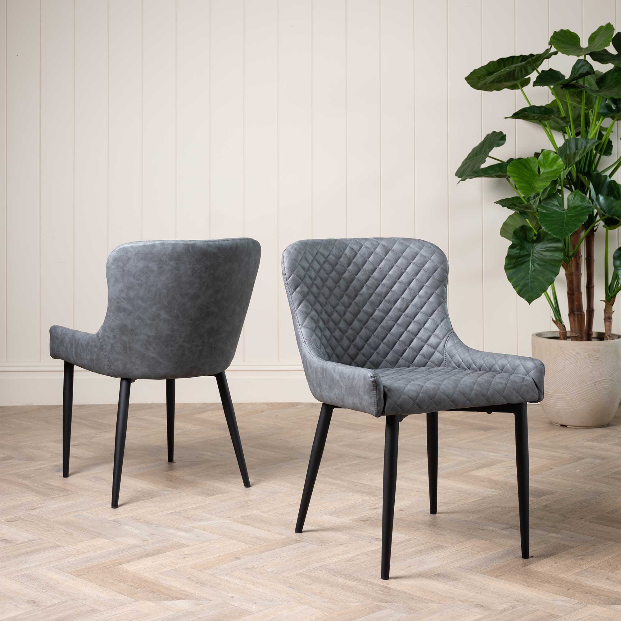 Rivington Grey Faux Leather Quilted Dining Chair, Grey PU and Black Legs