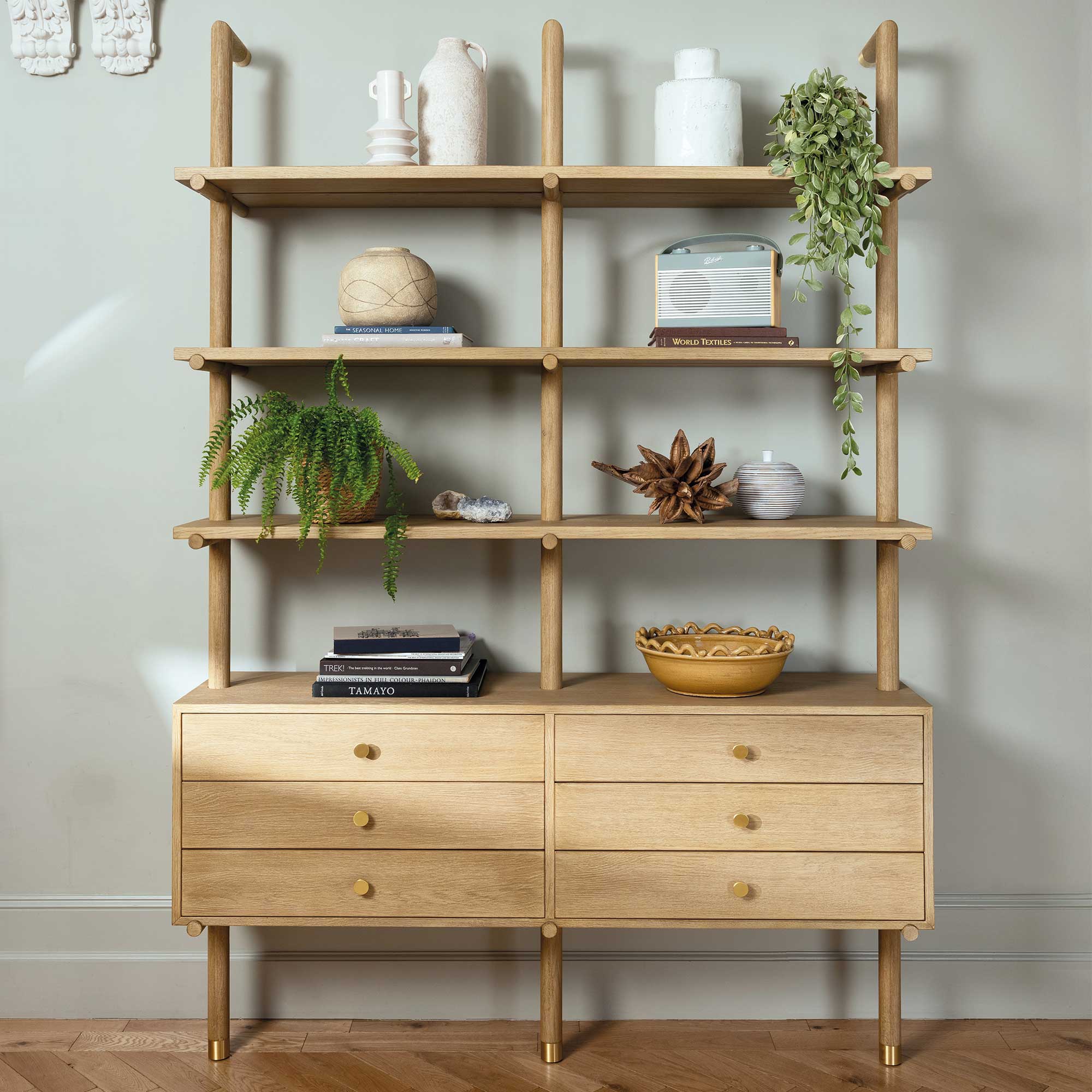 Athos Oak Wood with Light Brass Ending 149.5cm Bookshelf with 6 Drawers, 6 Shelves And 3 Struts, Bleached Oak