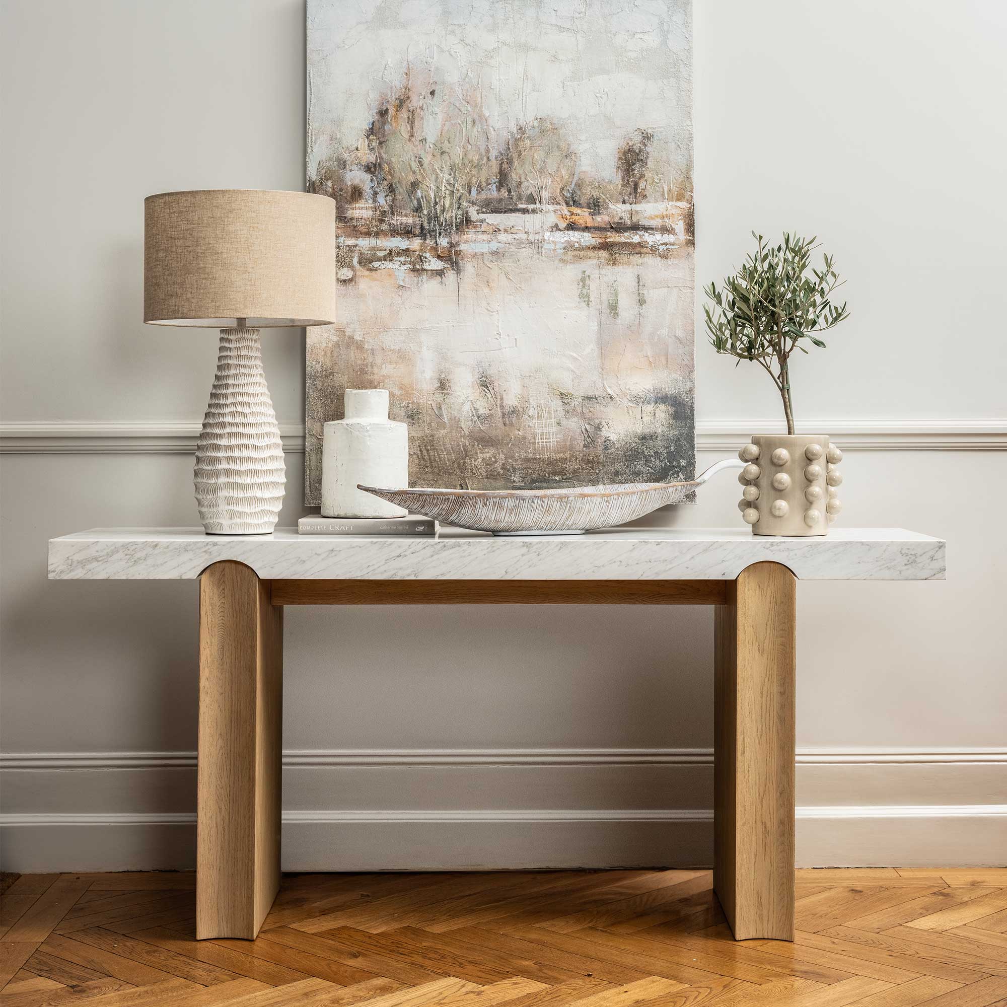 Plover Rectangular Marble 180cm Console Table with Curved Oak Wood Legs, Carrara Marble Top and Bleached Honey Oak