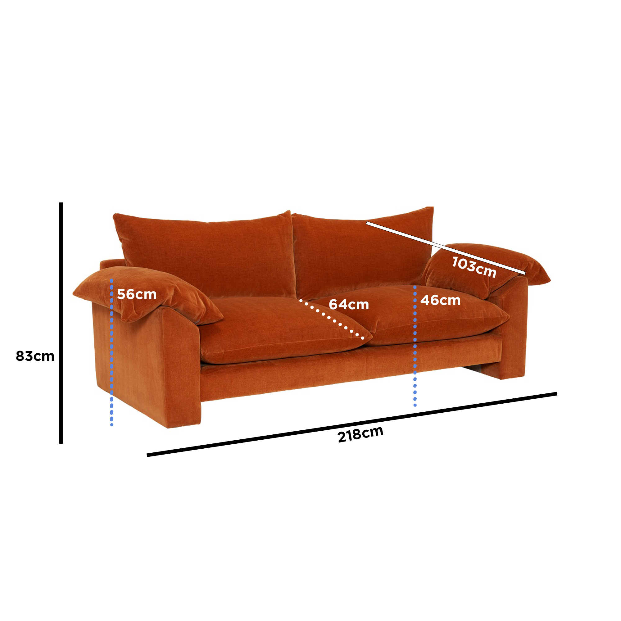 Hoxton Large Chenille Fabric 3 Seater Sofa, Dusk Marmalade Orange