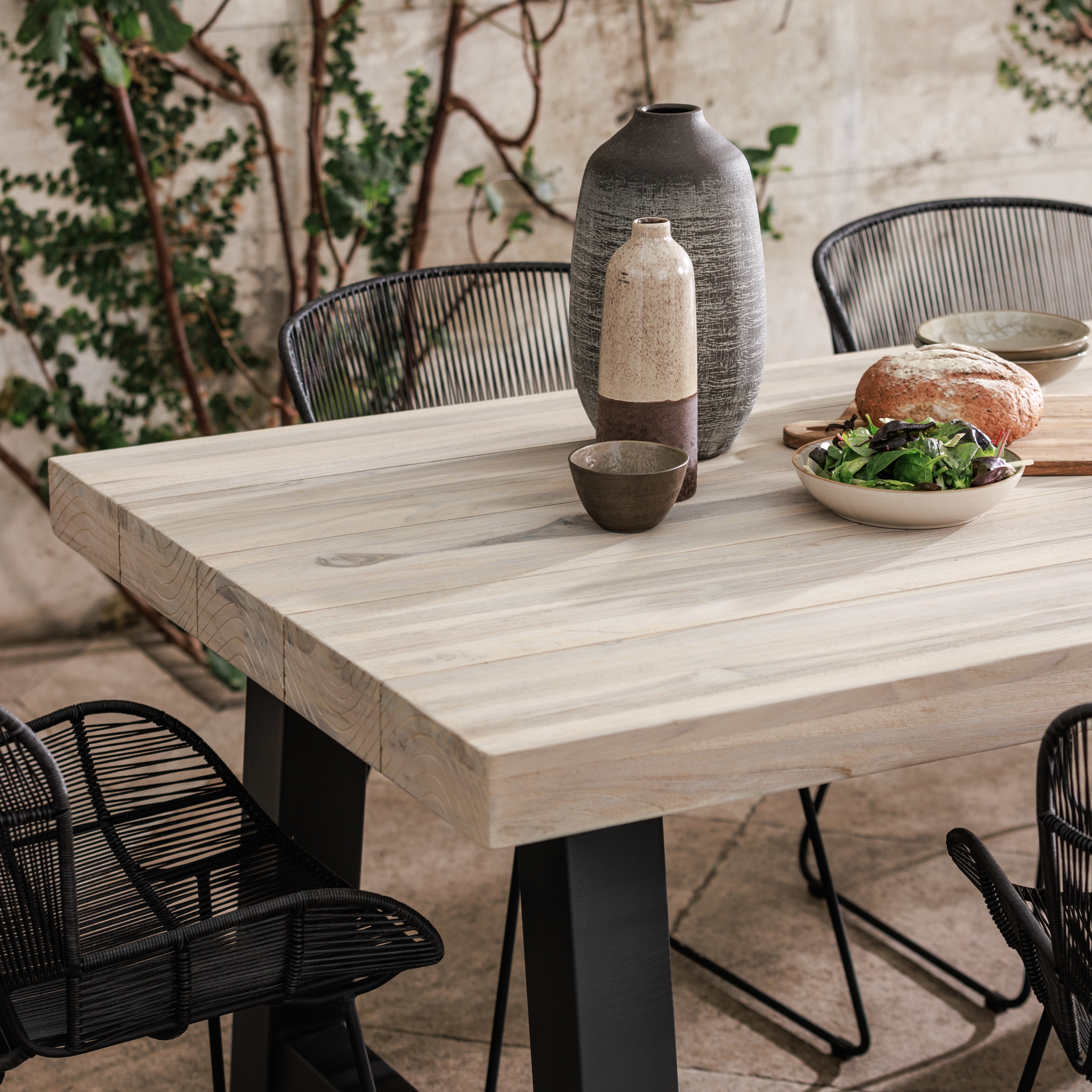 Beach Teak Wood Garden 195cm Dining Table and 6 Graphite Butterfly Armchairs, Graphite and Aged Teak