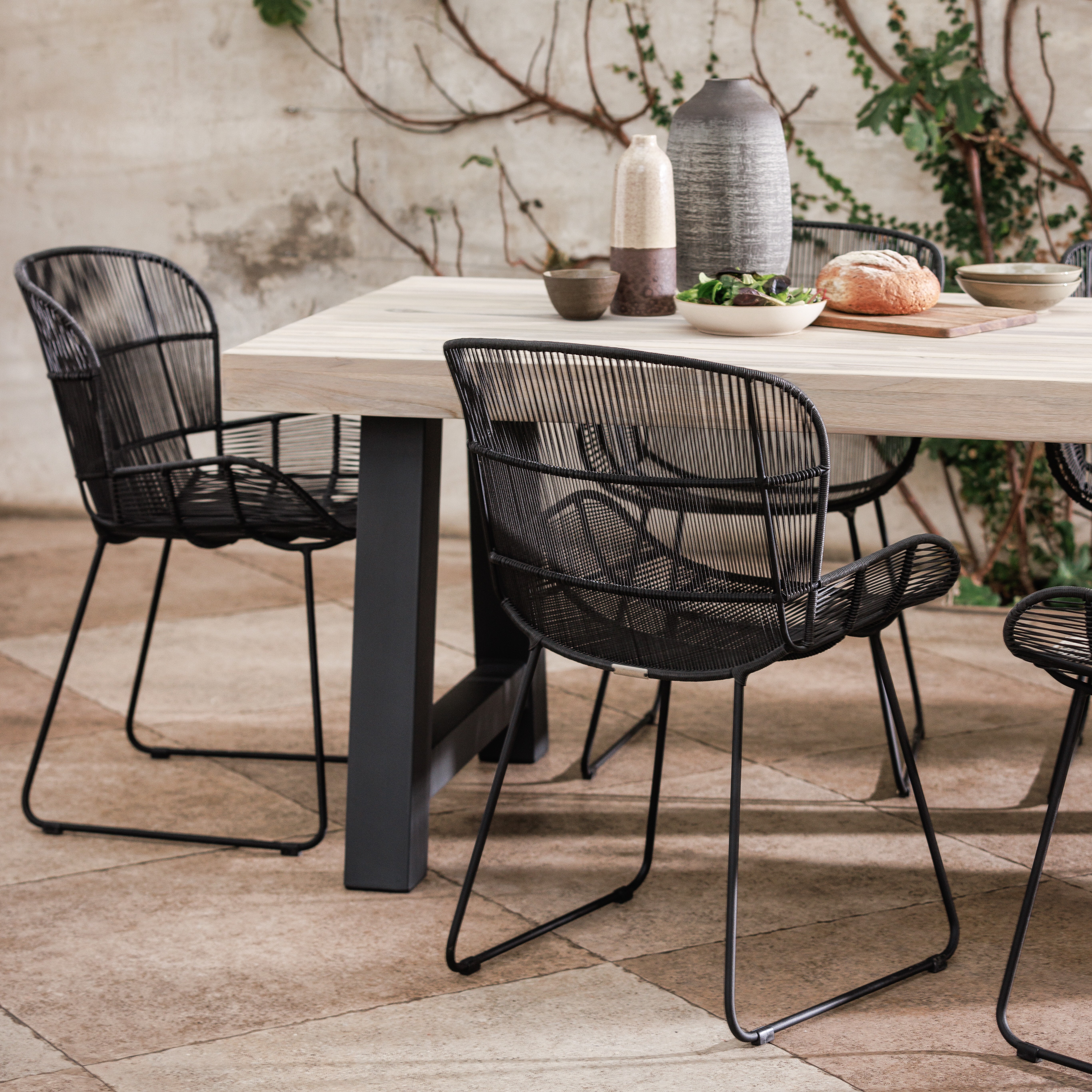 Beach Teak Wood Garden 195cm Dining Table and 6 Graphite Butterfly Armchairs, Graphite and Aged Teak