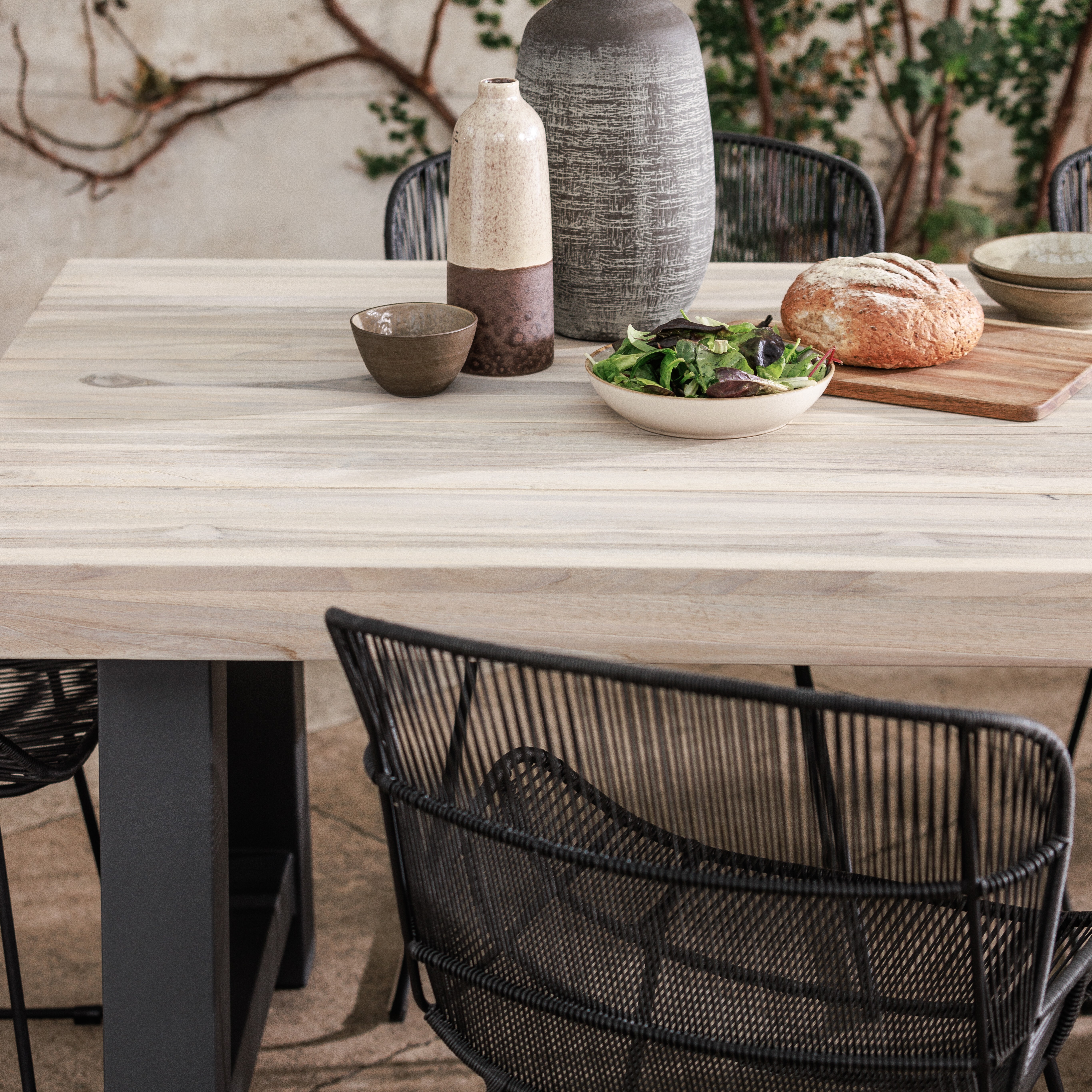 Beach Teak Wood Garden 195cm Dining Table and 6 Graphite Butterfly Armchairs, Graphite and Aged Teak